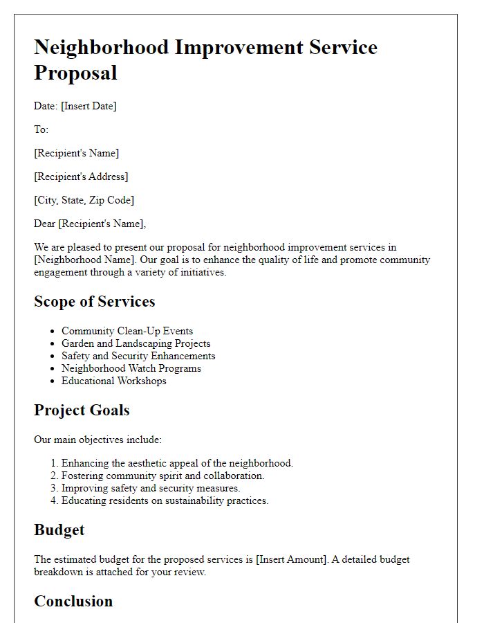 Letter template of neighborhood improvement service proposal