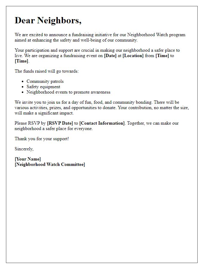 Letter template of neighborhood watch community fundraising initiative.