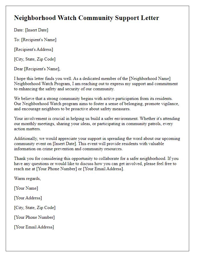 Letter template of neighborhood watch community support letter.