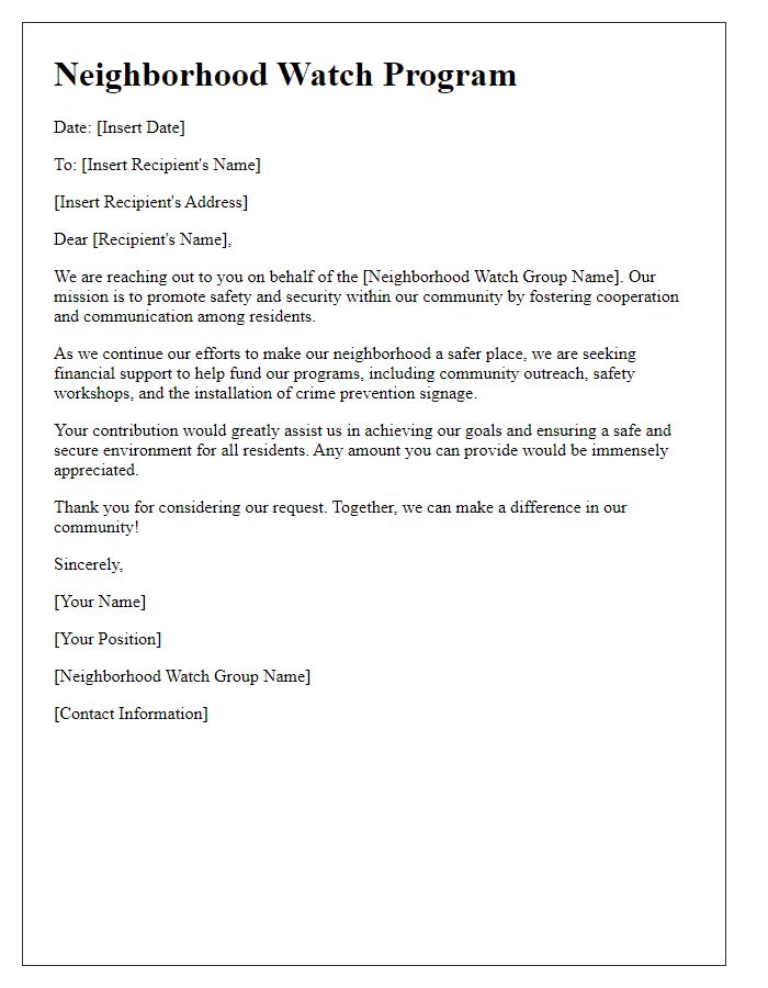 Letter template of neighborhood watch financial support letter.