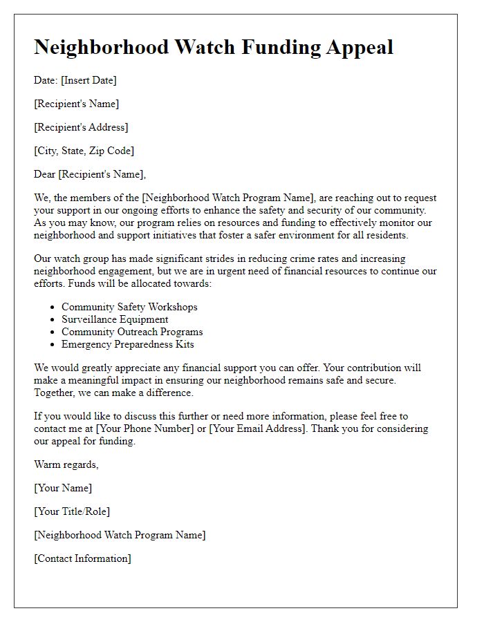 Letter template of neighborhood watch resource funding appeal.