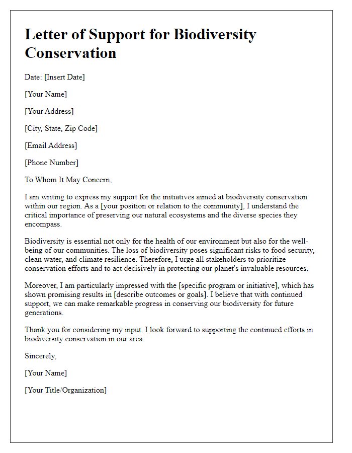 Letter template of biodiversity conservation support letter.