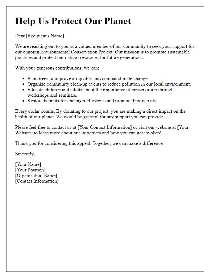 Letter template of environmental conservation project appeal.