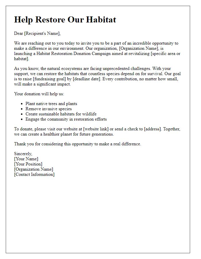 Letter template of habitat restoration donation campaign.