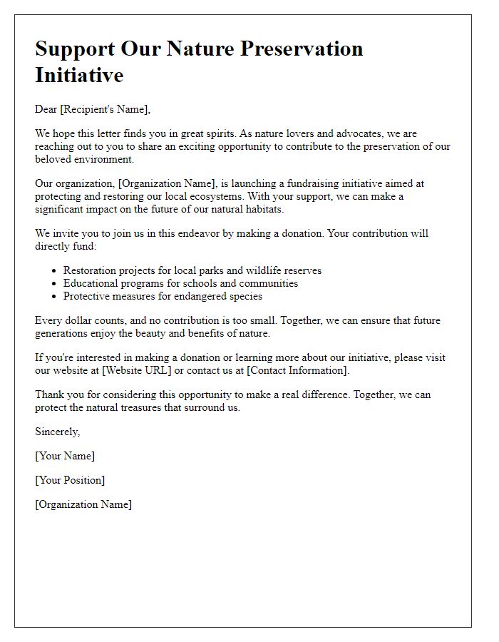 Letter template of nature preservation fundraising initiative.