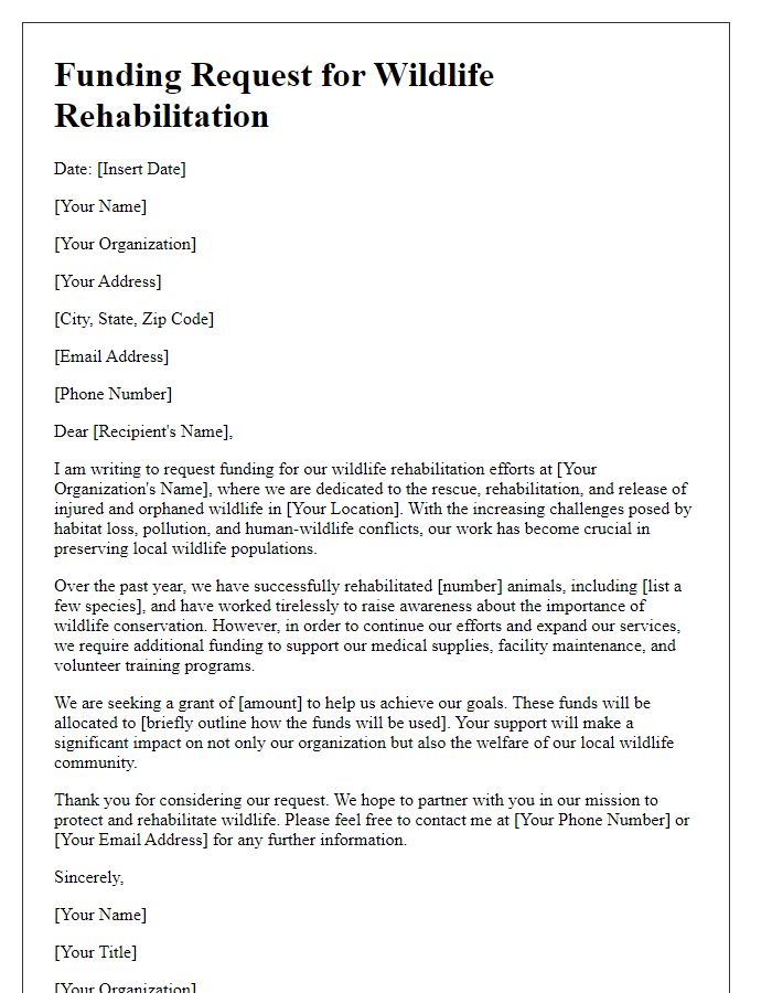 Letter template of wildlife rehabilitation funding request.