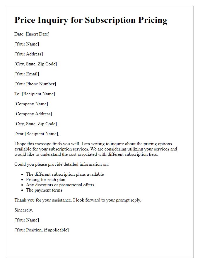 Letter template of price inquiry for subscription pricing