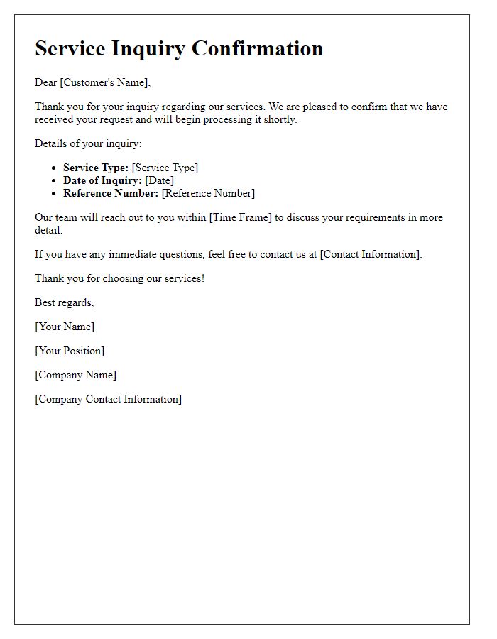 Letter template of service inquiry confirmation