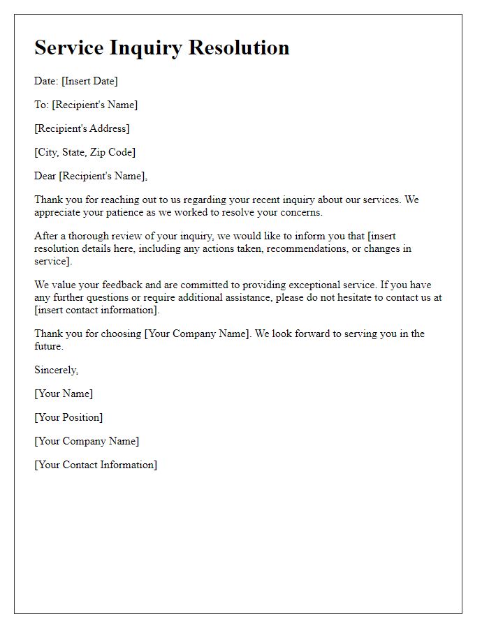 Letter template of service inquiry resolution