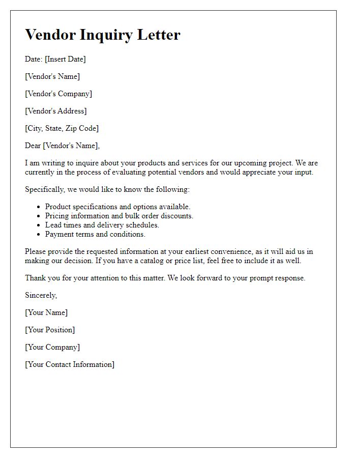 Letter template of inquiry for vendor specifics