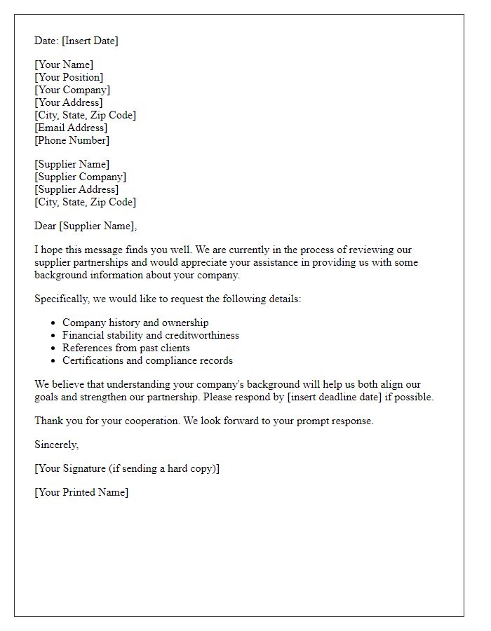 Letter template of request for supplier background info