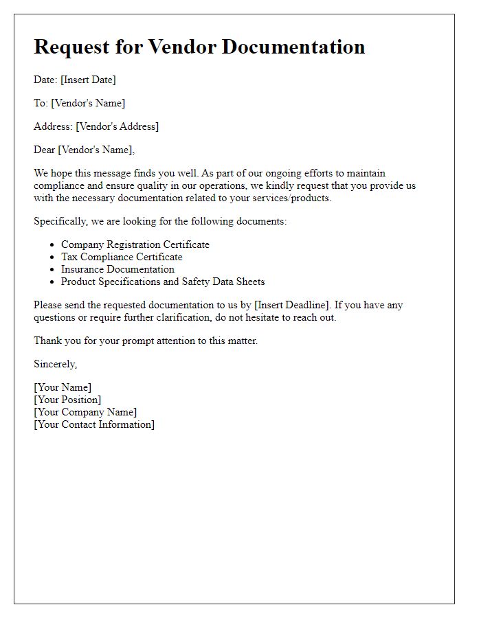 Letter template of request for vendor documentation
