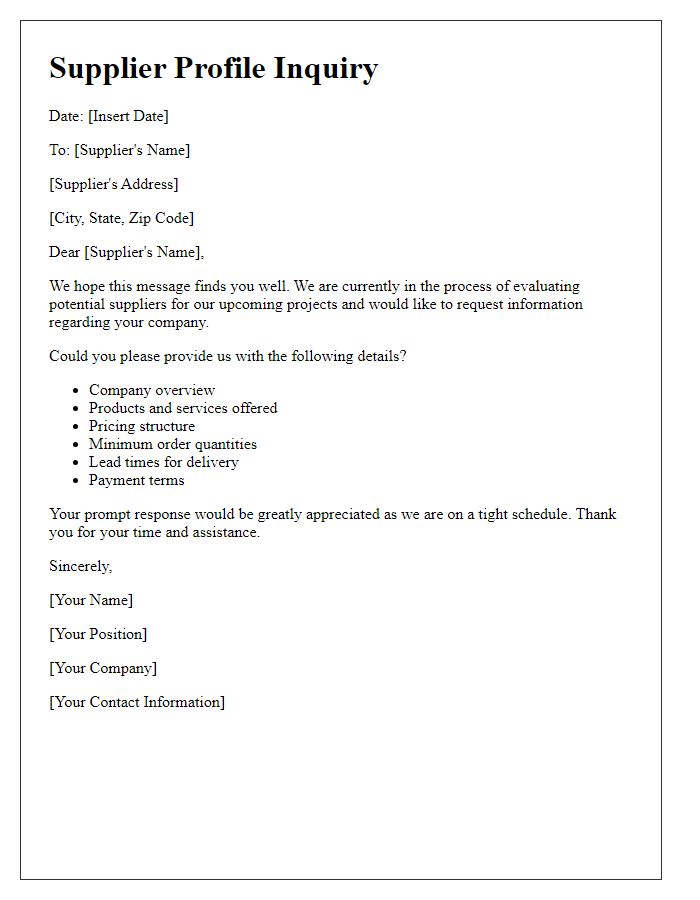 Letter template of supplier profile inquiry