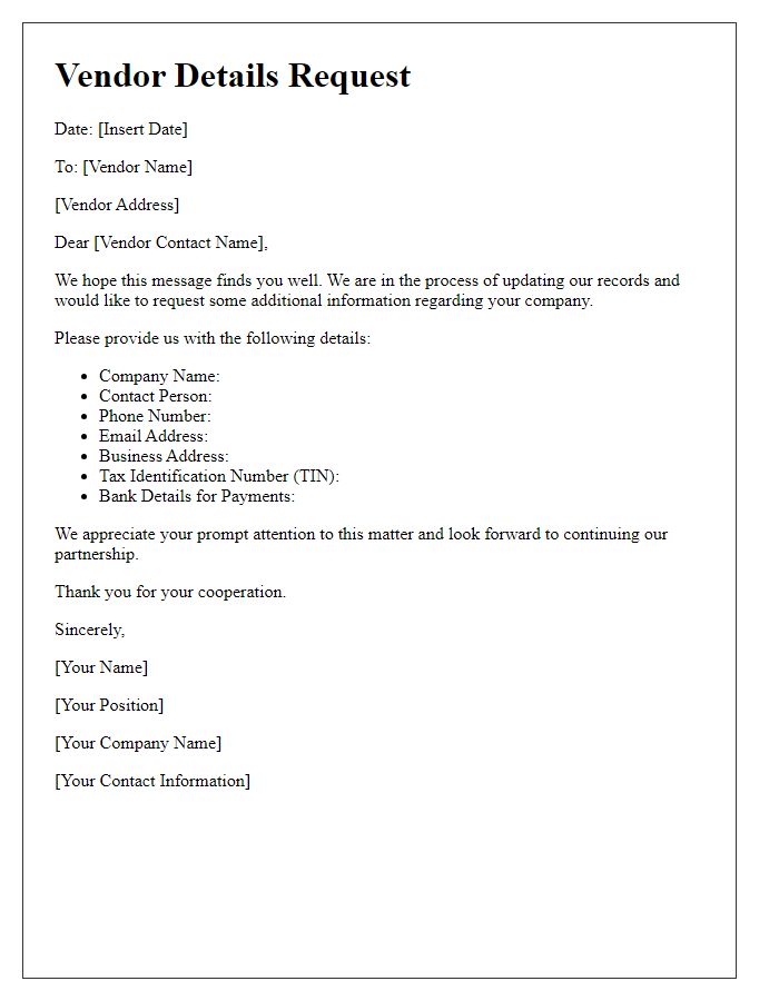 Letter template of vendor details request