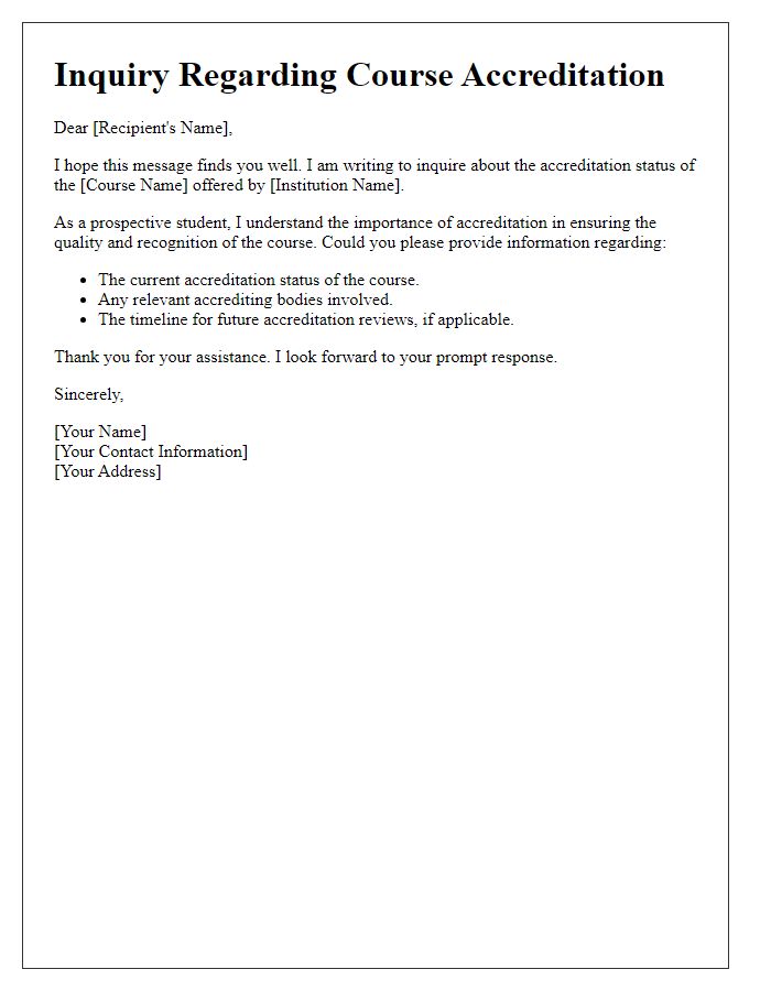Letter template of question about course accreditation