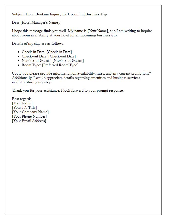 Letter template of hotel booking inquiry for a business trip