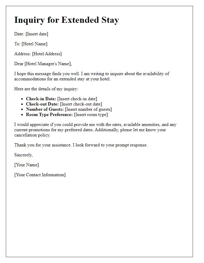 Letter template of hotel booking inquiry for an extended stay