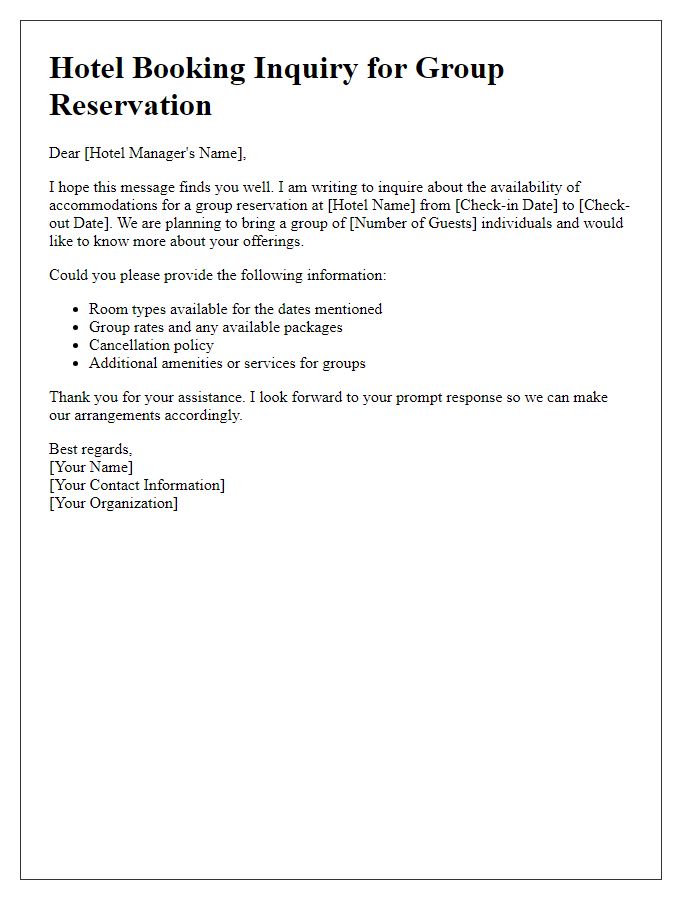 Letter template of hotel booking inquiry for a group reservation