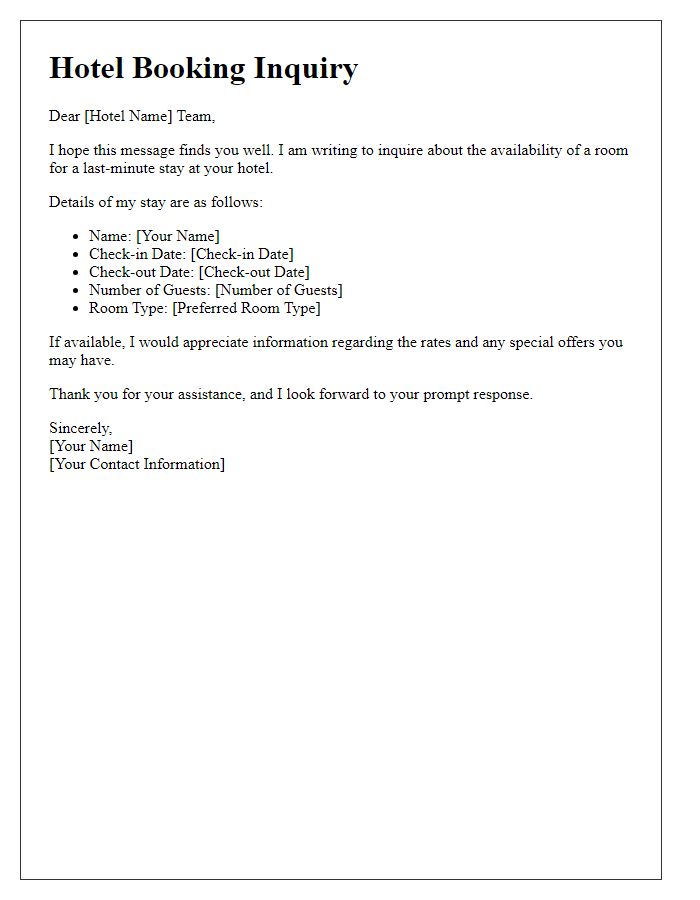 Letter template of hotel booking inquiry for a last-minute stay