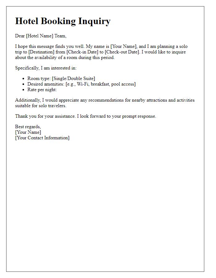 Letter template of hotel booking inquiry for a solo travel experience