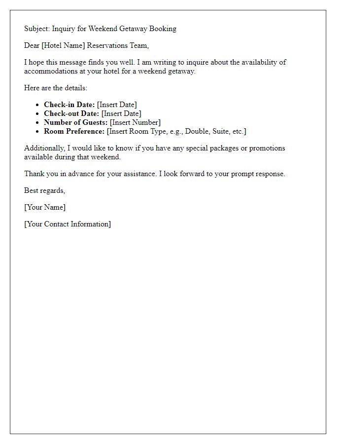 Letter template of hotel booking inquiry for a weekend getaway