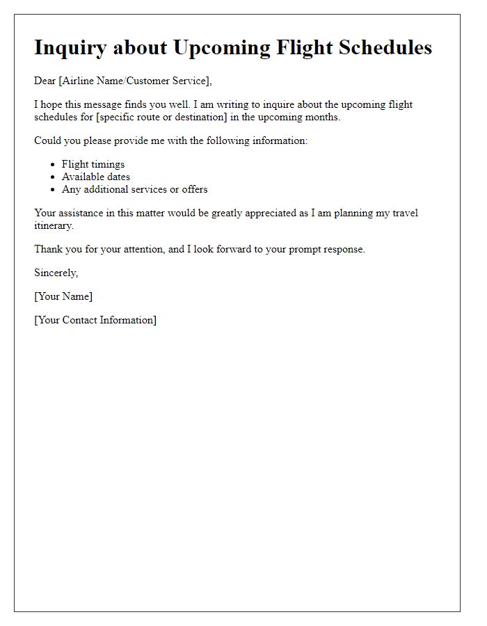Letter template of inquiry about upcoming flight schedules