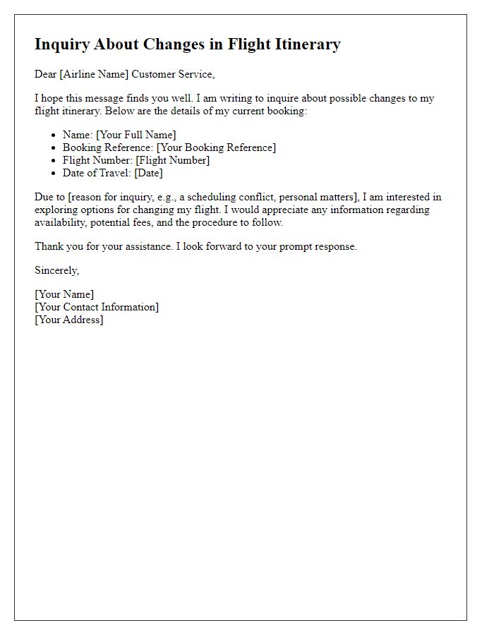 Letter template of inquiry for changes in flight itinerary