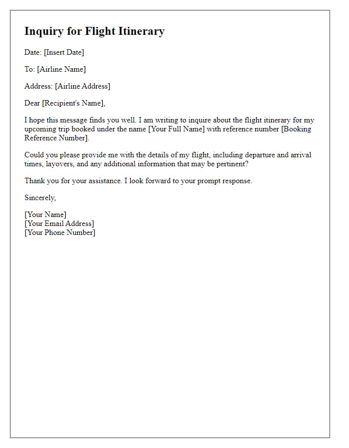 Letter template of inquiry for flight itinerary