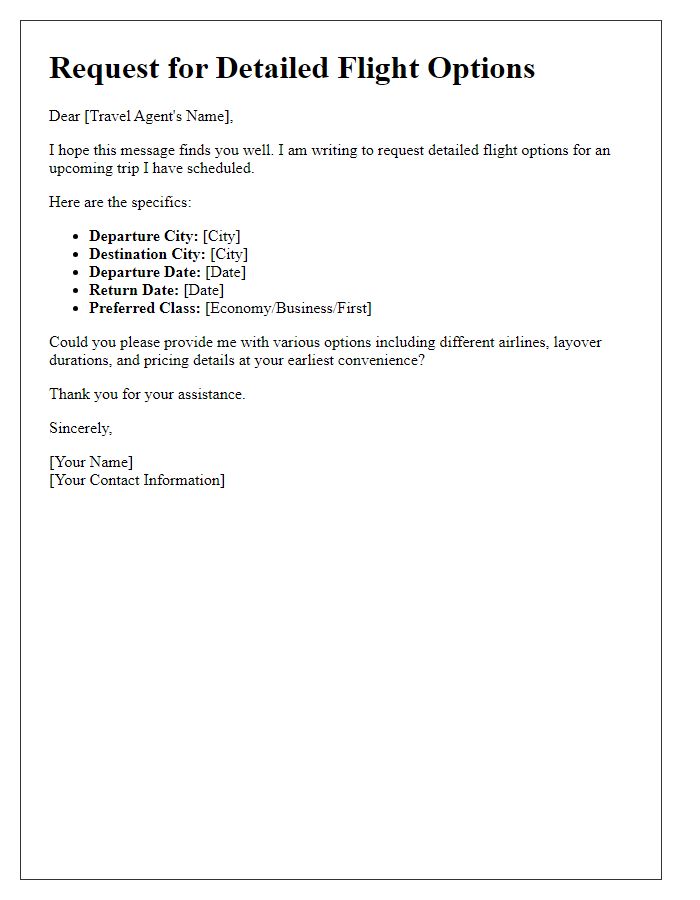 Letter template of request for detailed flight options