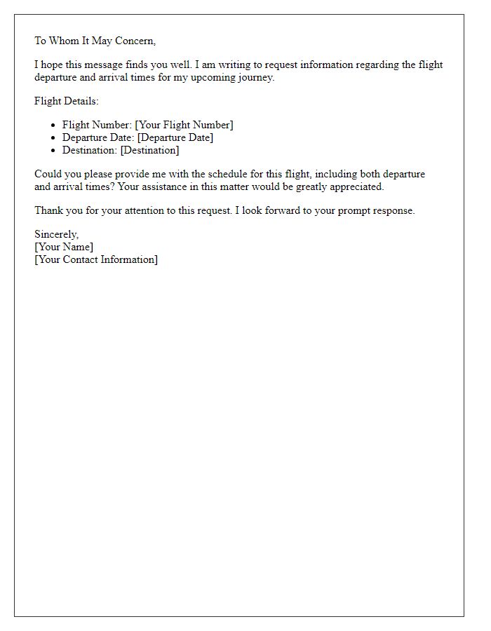 Letter template of request for flight departure and arrival times