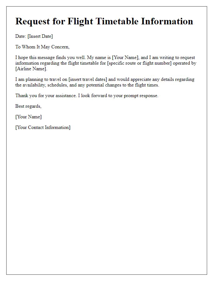 Letter template of request for flight timetable information