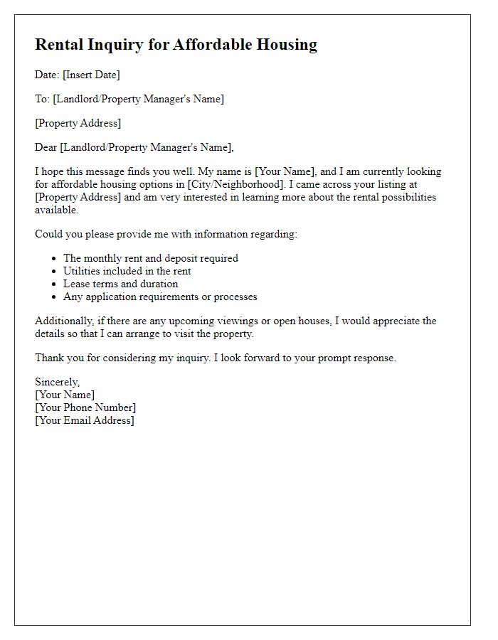 Letter template of rental inquiry for an affordable housing option.