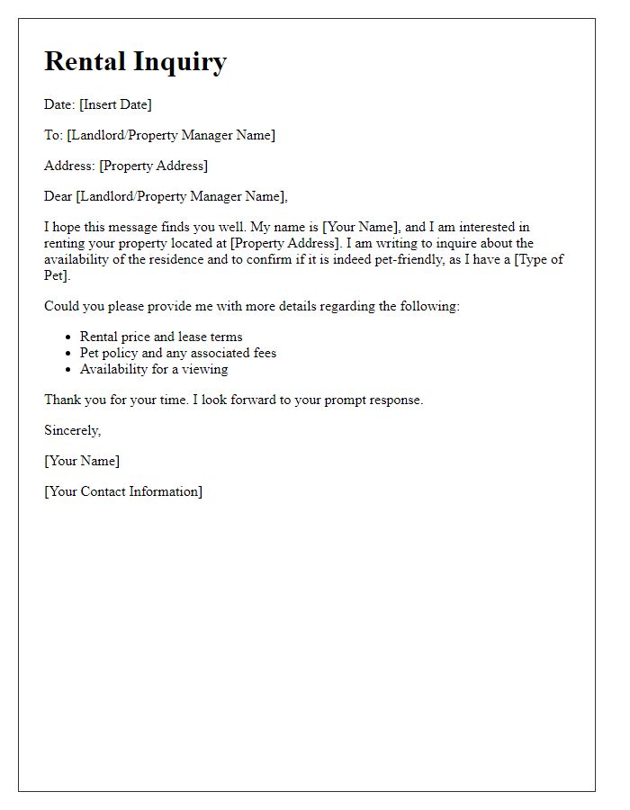 Letter template of rental inquiry for a pet-friendly residence.