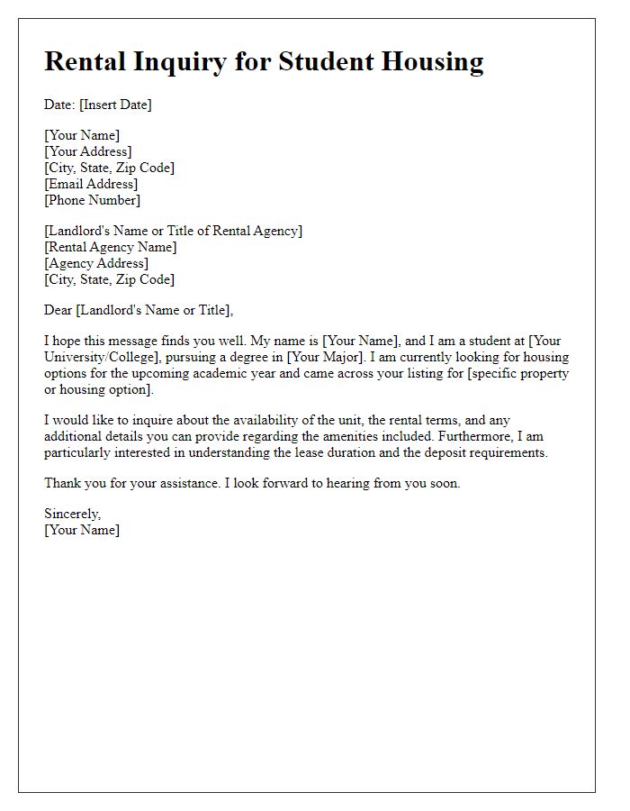 Letter template of rental inquiry for a student housing option.