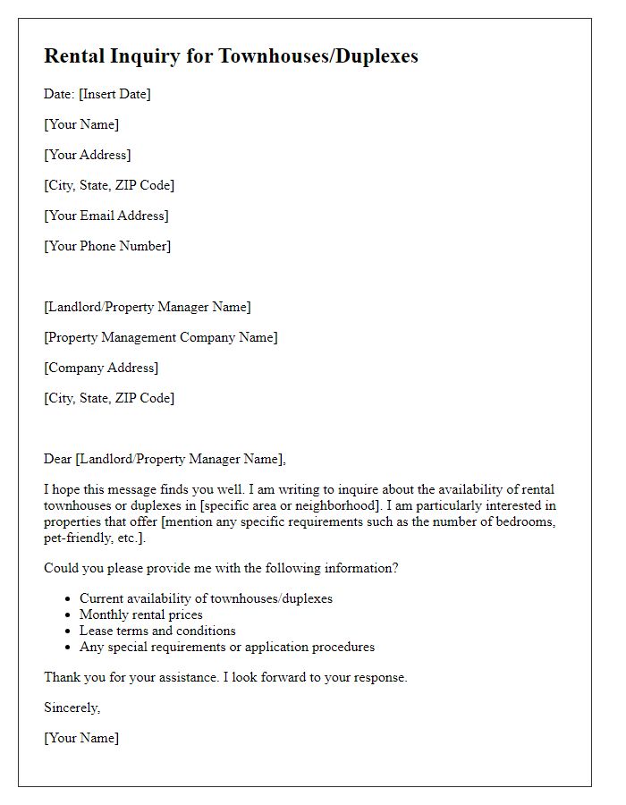 Letter template of rental inquiry for townhouses or duplexes.