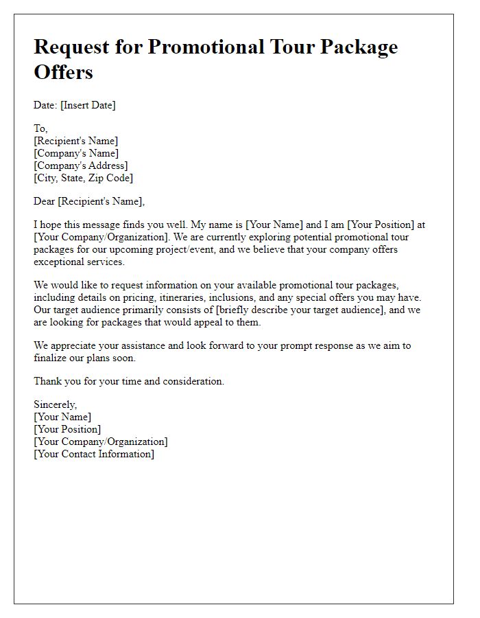 Letter template of request for promotional tour package offers