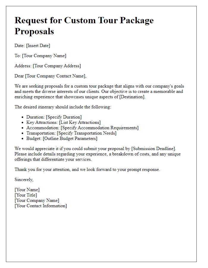 Letter template of solicitation for custom tour package proposals