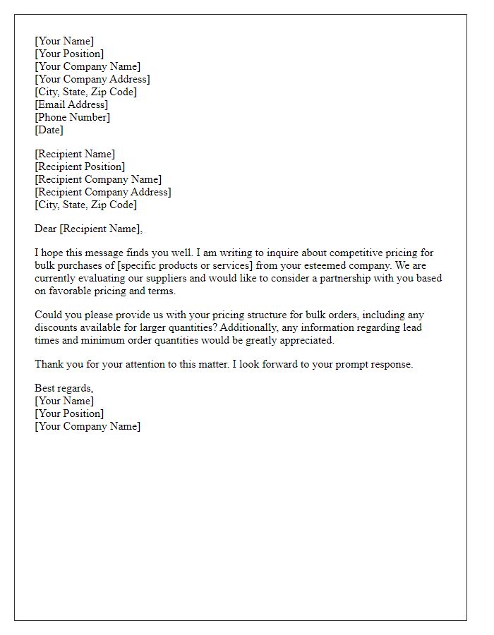 Letter template of inquiry about competitive pricing for bulk buys.