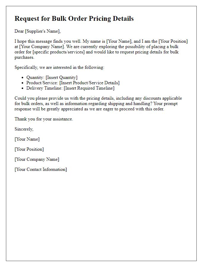 Letter template of request for bulk order pricing details.