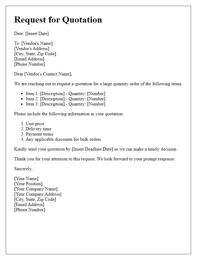 Letter template of solicitation for quotes on large quantity orders.