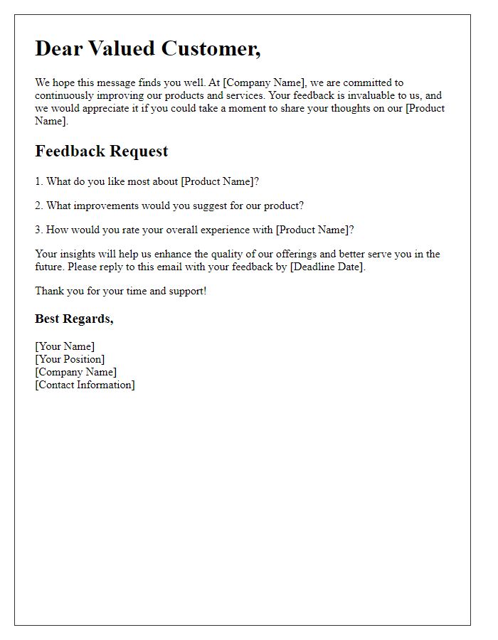 Letter template of customer feedback request for product improvement.