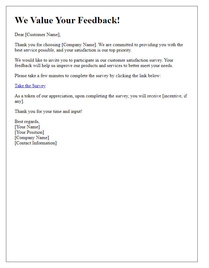 Letter template of customer satisfaction survey invitation.