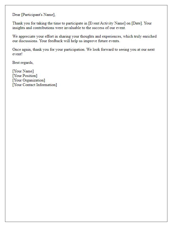 Letter template of feedback thank-you note for participation.