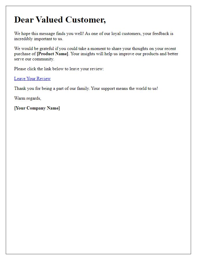 Letter template of product review request for loyal customers.
