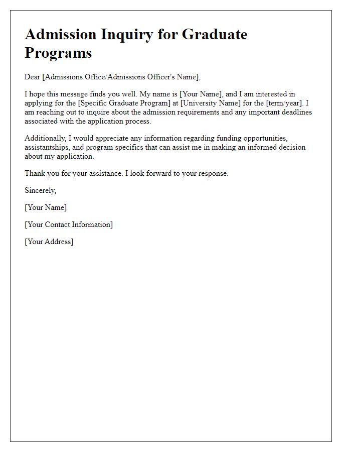 Letter template of admission inquiry for graduate programs