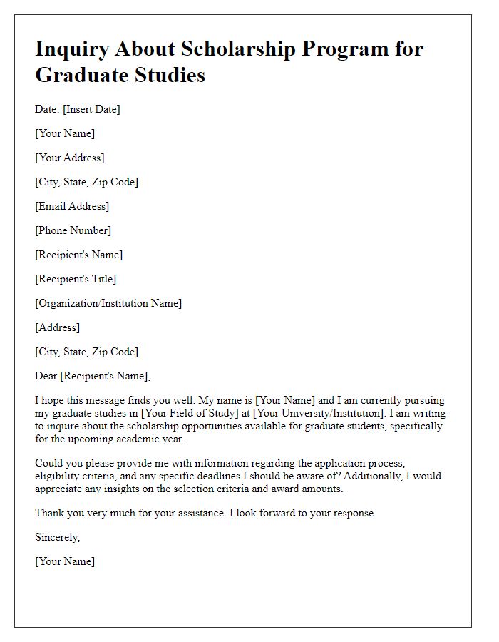 Letter template of scholarship program inquiry for graduate studies.