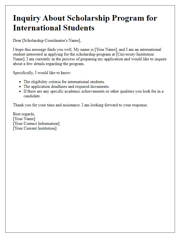 Letter template of scholarship program inquiry for international students.