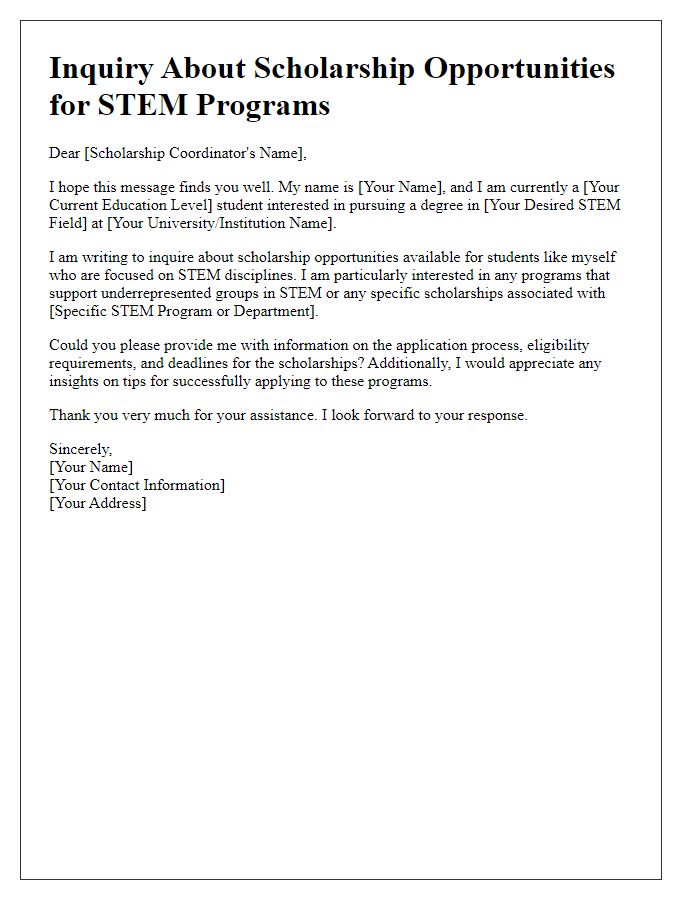 Letter template of scholarship program inquiry for STEM-focused programs.