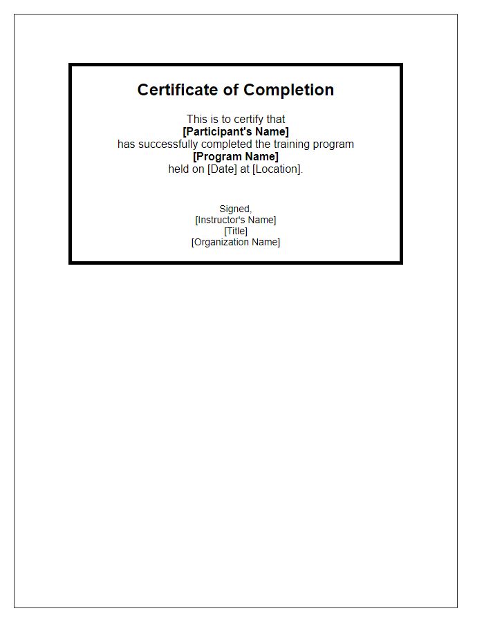 Letter template of training completion certificate for certification programs