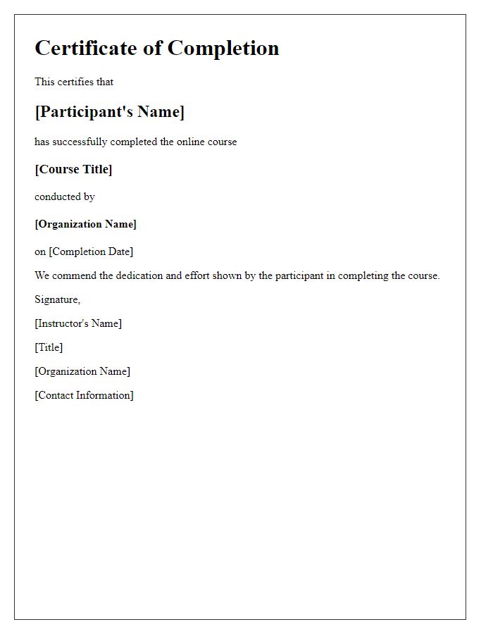 Letter template of training completion certificate for online courses